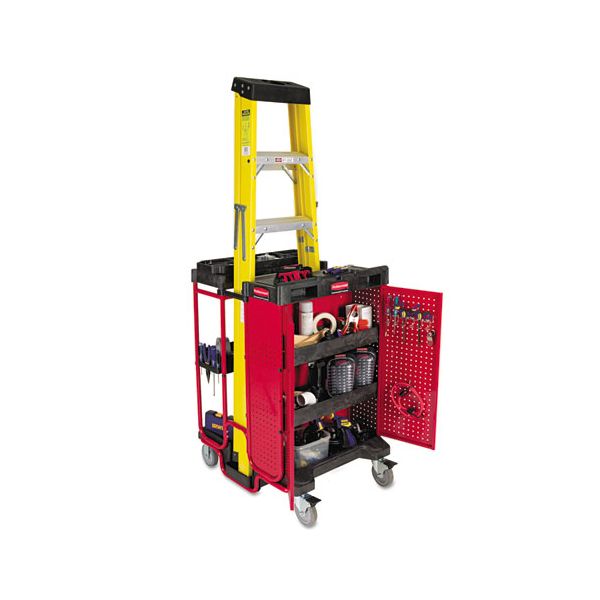 RCP9T58BLA Rubbermaid Commercial Ladder Cart w/Cabinet, Three-Shelf, 27w x 31-1/2d x 42h, Black/Red