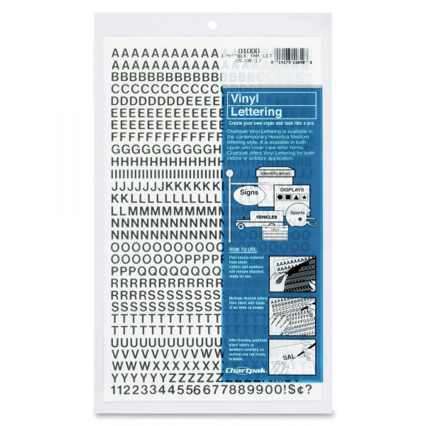 CHA01000 Chartpak Press-On Vinyl Letters & Numbers, Self Adhesive, Black, 1/4"h, 610/Pack