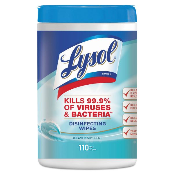 RAC93010CT LYSOL Brand Disinfecting Wipes, Ocean Fresh Scent, 7 x 8, White, 110/Canister, 6/Pack