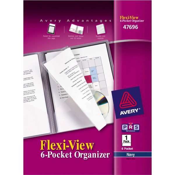 AVE47696 Avery Flexi-View Six-Pocket Polypropylene Organizer, 150-Sheet Cap., Translucent/Navy