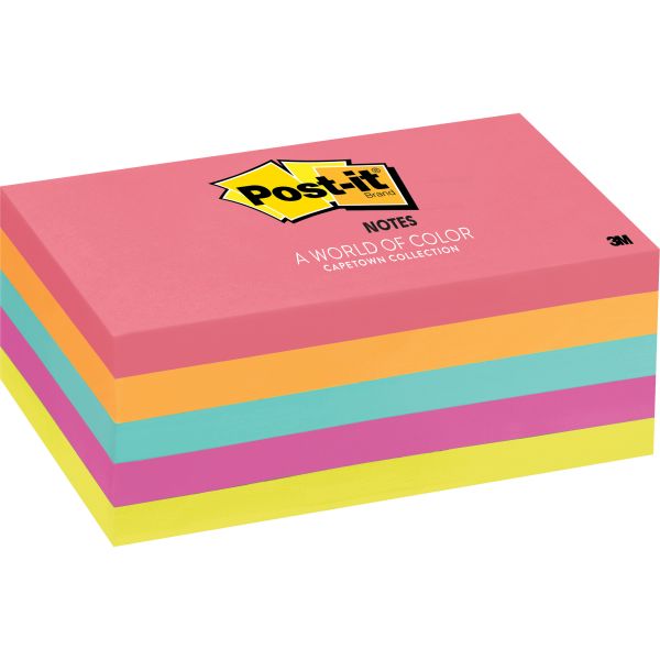 MMM6555PK Post-it Notes Original Pads in Cape Town Colors, 3 x 5, 100-Sheet, 5/Pack