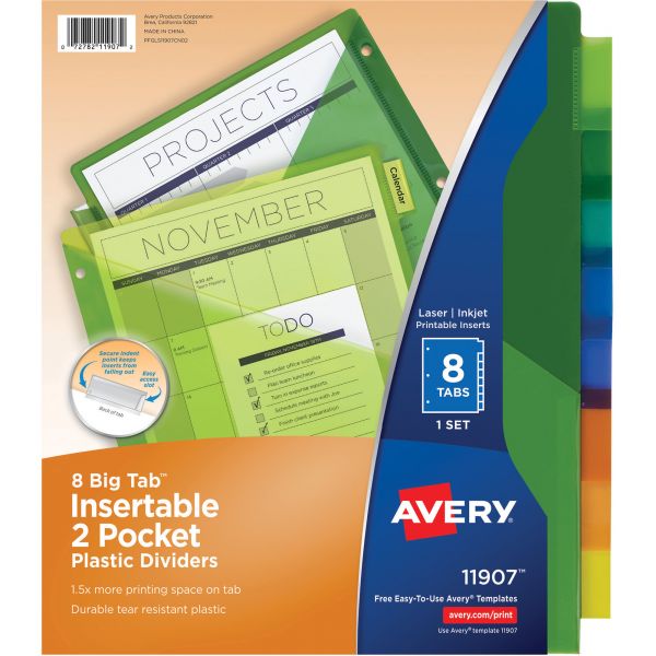AVE11907 Avery Insertable Big Tab Plastic Dividers w/Double Pockets, 8-Tab, Multi-color Tab, Letter, 1 Set