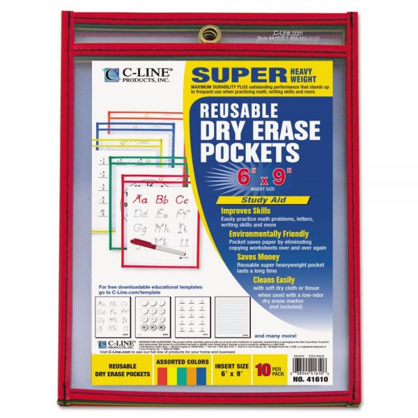 CLI41610 C-Line Reusable Dry Erase Pockets, 6 x 9, Assorted Primary Colors, 10/Pack