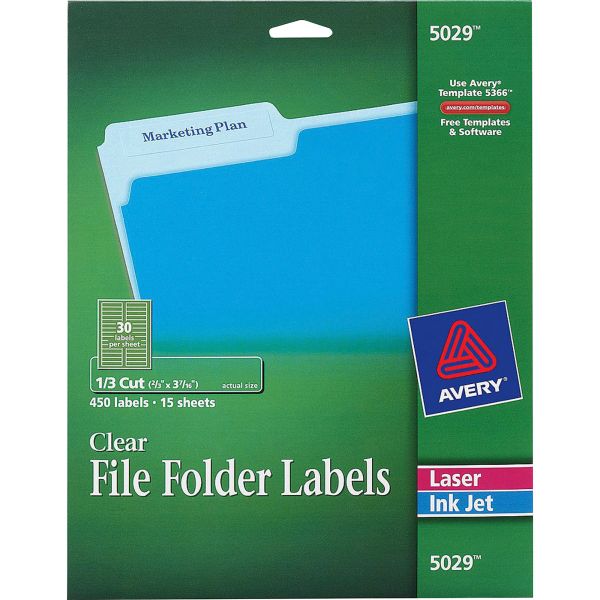 AVE5029 Avery Clear File Folder Labels, 1/3 Cut, 2/3 x 3 7/16, 450/Pack