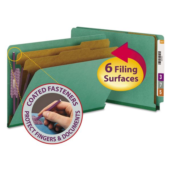 SMD29785 Smead Pressboard End Tab Classification Folders, Legal, Six-Section, Green, 10/Box