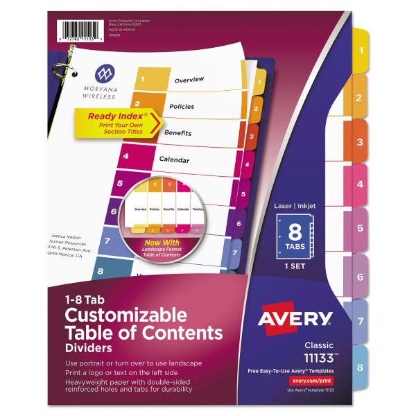 AVE11133 Avery Ready Index Customizable Table of Contents Multicolor Dividers, 8-Tab, Letter