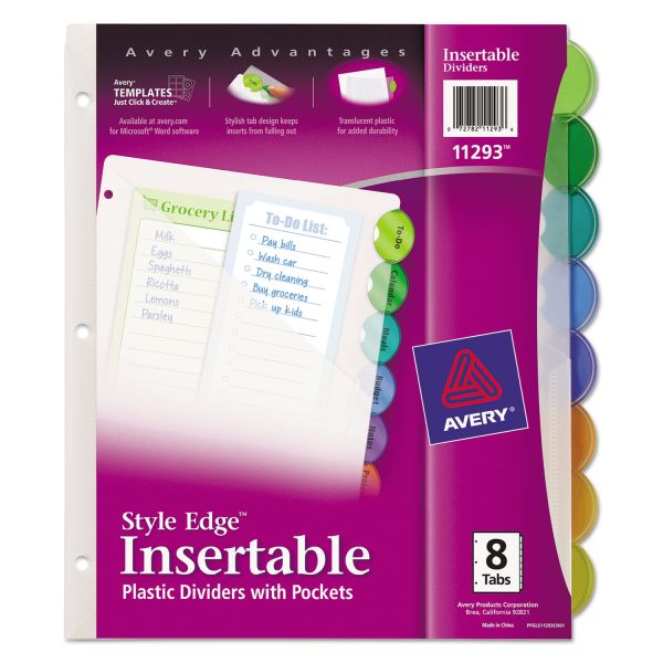 AVE11293 Avery Style Edge Insertable Dividers with Pocket, 8-Tab, Multi-color Tab, Letter, 1 Set