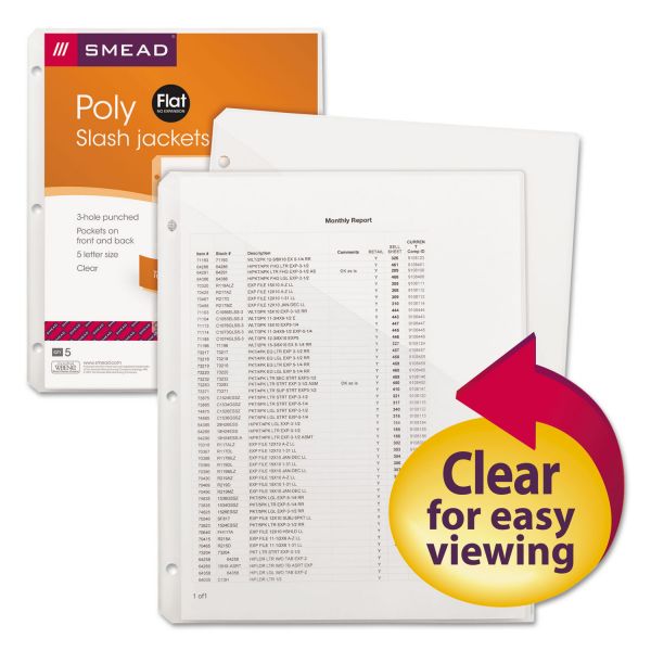 SMD89506 Smead Organized Up Poly Slash Jackets, Letter, Polypropylene, Clear, 5/Pack