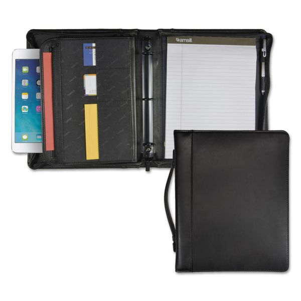 SAM15540 Samsill Leather Multi-Ring Zippered Portfolio, Two-Part, 1" Cap, 11 x 13 1/2, Black