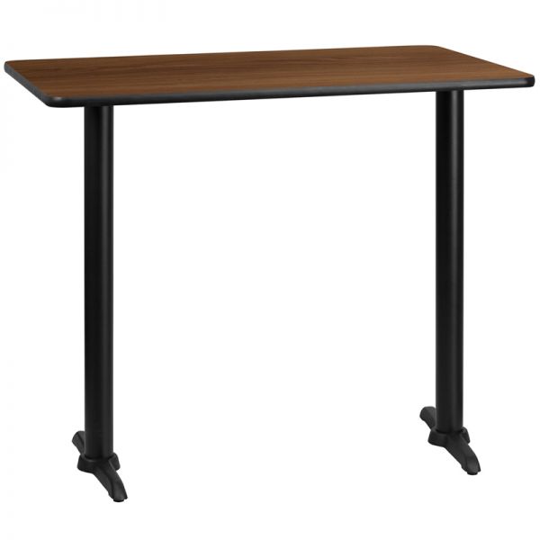 FHFXUWALTB3048T0522BGG Flash Furniture 30'' x 48'' Rectangular Walnut Laminate Table Top with 5'' x 22'' Bar Height Table Bases