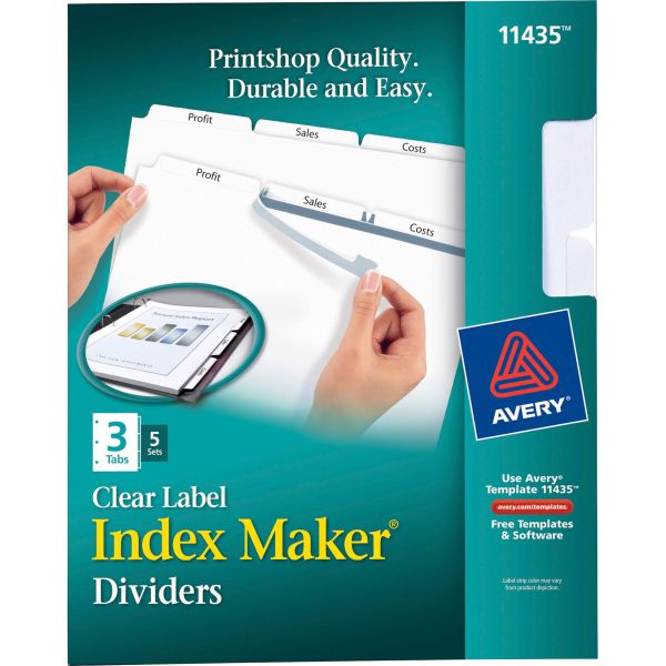 AVE11435 Avery Print & Apply Clear Label Dividers, 3-Tab, White Tab, Letter, 5 Sets