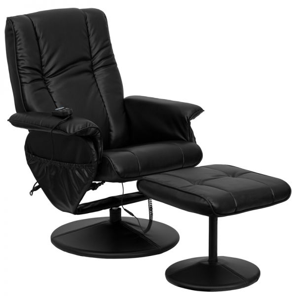 FHFBT7600PMASSAGEBKGG Flash Furniture Massaging Black Leather Recliner and Ottoman with Leather Wrapped Base