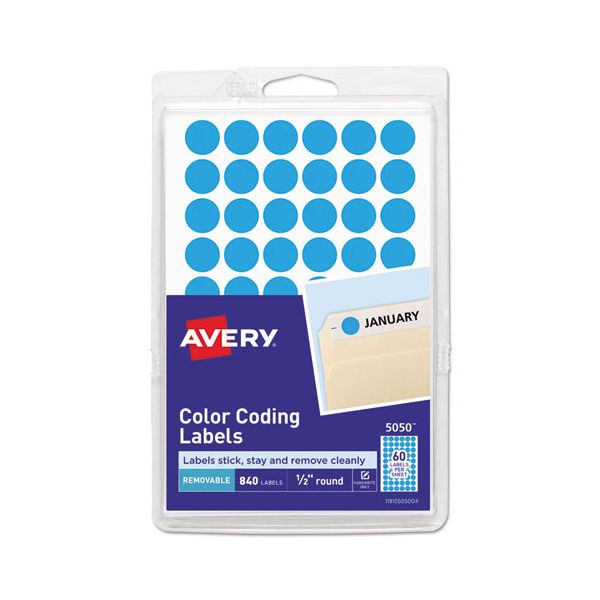 AVE05050 Avery Handwrite Only Removable Round Color-Coding Labels, 1/2" dia, Light Blue, 840/PK