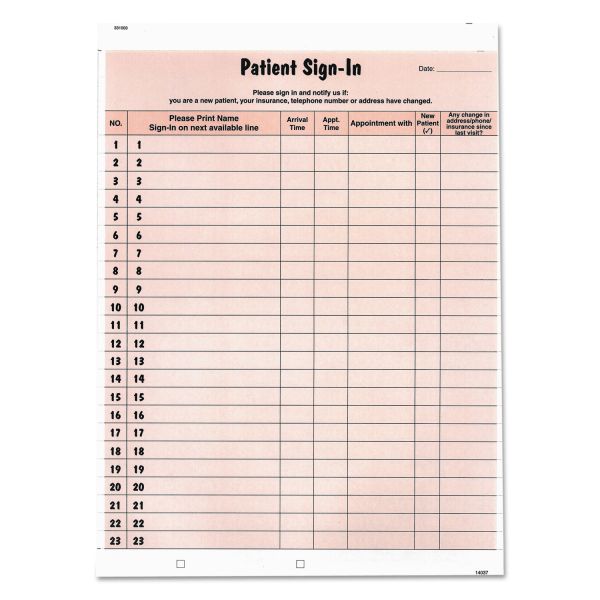 TAB14530 Tabbies Patient Sign-In Label Forms, 8 1/2 x 11 5/8, 125 Sheets/Pack, Salmon