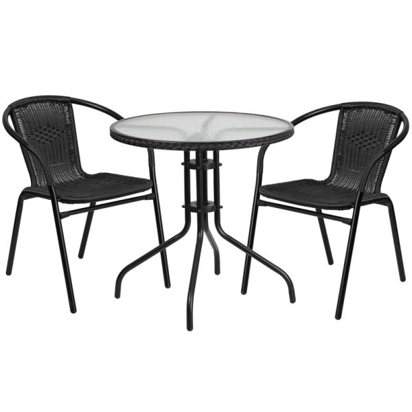 FHFTLH087RD037BK2GG Flash Furniture 28'' Round Glass Metal Table with Black Rattan Edging and 2 Black Rattan Stack Chairs