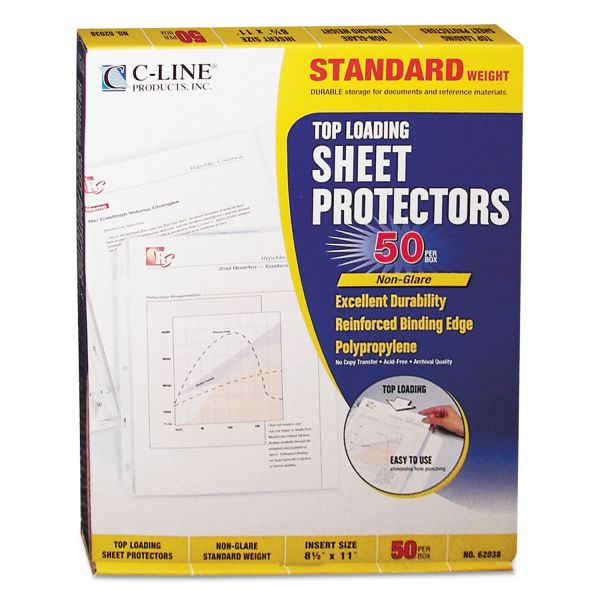 CLI62038 C-Line Top Loading Polypropylene Sheet Protector, Letter, Standard Weight, Non-Glare, Clear, 50/Box
