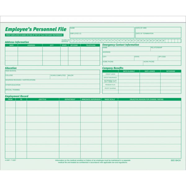 TOP3287 TOPS Employee Record File Folders, Straight Cut, Letter, 2-Sided, Green Ink, 20/Pack