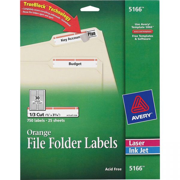 AVE5166 Avery Permanent File Folder Labels, TrueBlock, Inkjet/Laser, Orange Border, 750/Pack