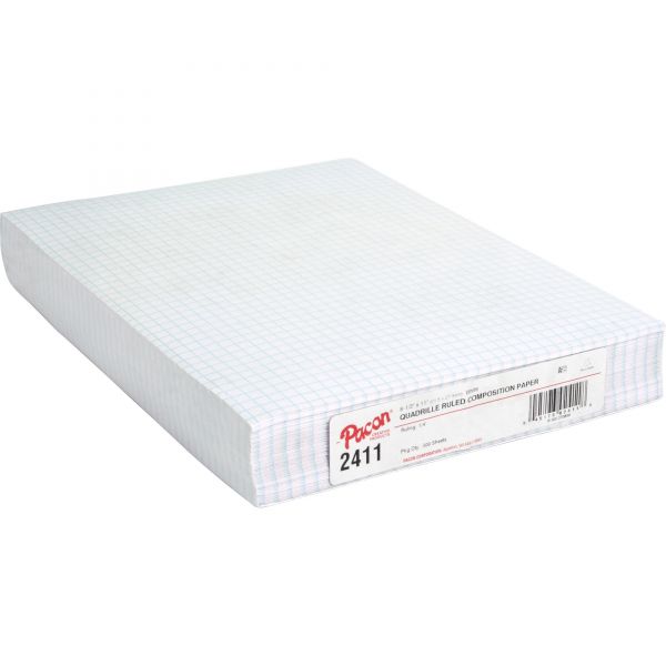 PAC2411 Pacon Composition Paper, 1/4" Quadrille, 16 lbs., 8-1/2 x 11, White, 500 Sheets/Pack