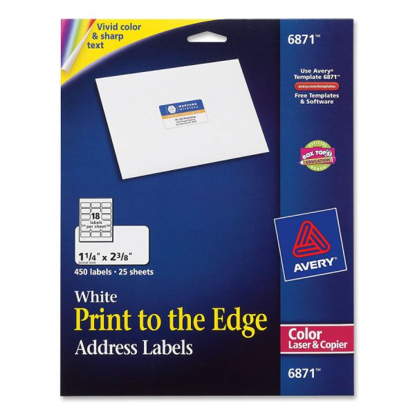AVE6871 Avery Vibrant Color-Printing Address Labels, 1 1/4 x 2 3/8, White, 450/Pack