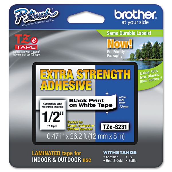 BRTTZES231 Brother P-Touch TZe Extra-Strength Adhesive Laminated Labeling Tape, 1/2"w, Black on White