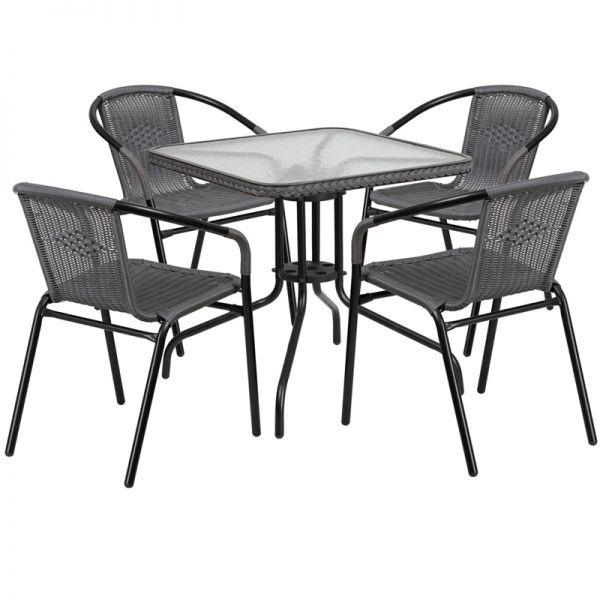 FHFTLH073SQ037GY4GG Flash Furniture 28'' Square Glass Metal Table with Gray Rattan Edging and 4 Gray Rattan Stack Chairs