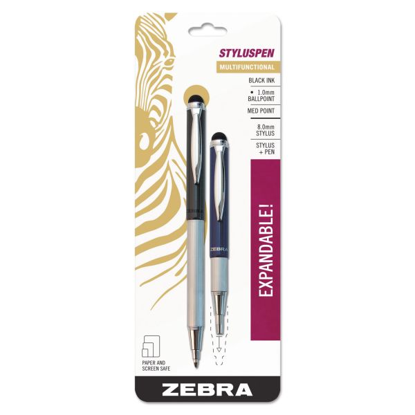 ZEB33602 Zebra StylusPen Telescopic Ballpoint Pen/Stylus, Black Ink, Blue/Gray Barrel