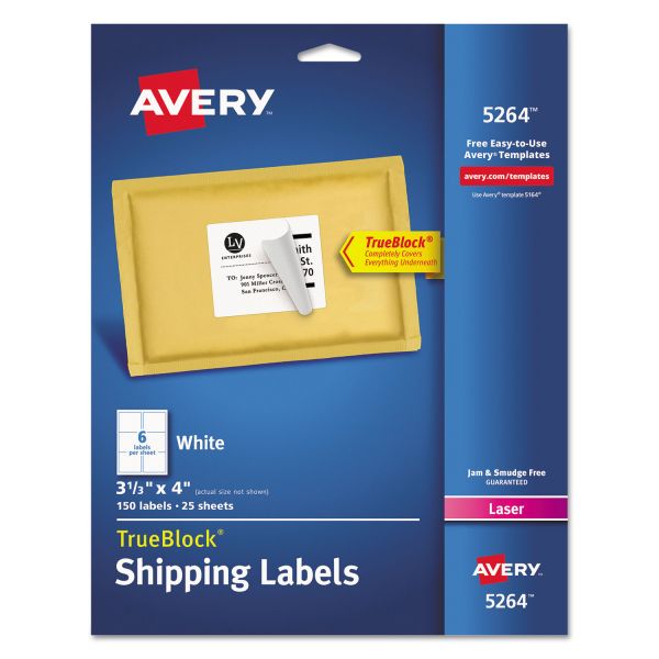 AVE5264 Avery Shipping Labels with TrueBlock Technology, Laser, 3 1/3 x 4, White, 150/Pack