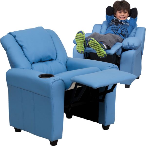 FHFDGULTKIDLTBLUEGG Flash Furniture Contemporary Light Blue Vinyl Kids Recliner with Cup Holder and Headrest