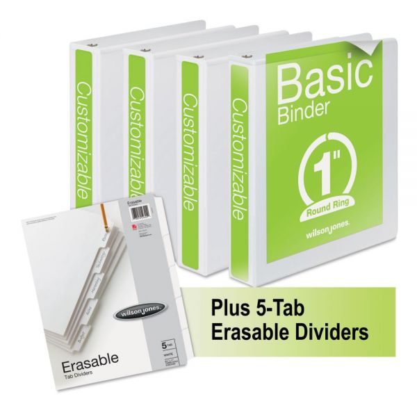 WLJ56214WU Wilson Jones Basic Round-Ring View Binder Plus Pack, 1" Cap, White, 4/Carton