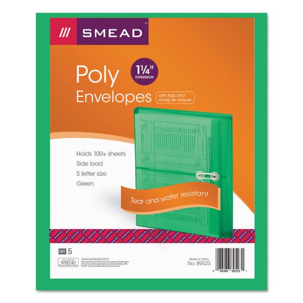 SMD89523 Smead Poly String & Button Booklet Envelope, 9 3/4 x 11 5/8 x 1 1/4, Green, 5/Pack
