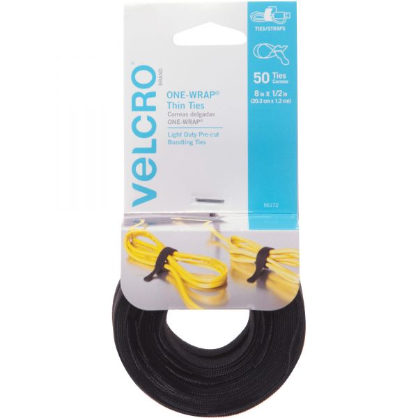 VEK95172 Velcro ONE-WRAP Hook & Loop Ties, 1/2" x 8", Black, 50/Pack