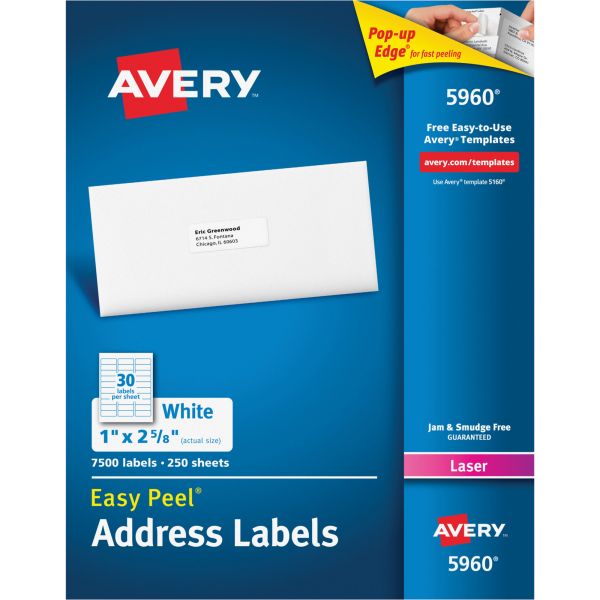 AVE5960 Avery Easy Peel Mailing Address Labels, Laser, 1 x 2 5/8, White, 7500/Box