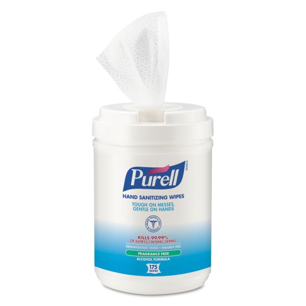 GOJ903106 PURELL Premoistened Sanitizing Wipes, Alcohol Formulation, 6 x 7, White, 175/Canister