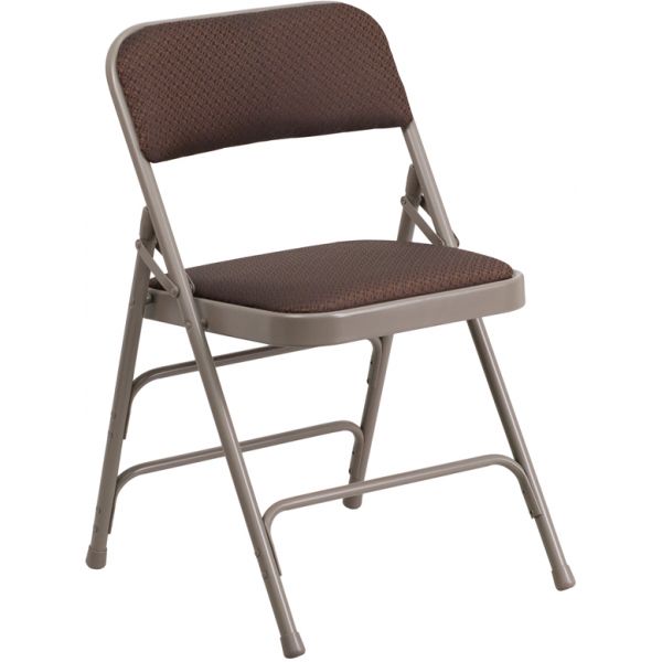 FHFAWMC309AFBRNGG Flash Furniture HERCULES Series Curved Triple Braced & Double Hinged Brown Patterned Fabric Upholstered Metal Folding Chair
