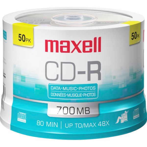 MAX648250 Maxell CD-R Discs, 700MB/80min, 48x, Spindle, Silver, 50/Pack