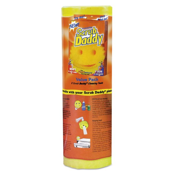 SCBSD8RMC Scrub Daddy Scratch-Free Scrubbing Sponge, 4 1/8" Diameter, Yellow, Polymer Foam, 8/Pack