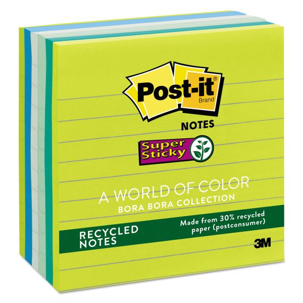 MMM6756SST Post-it Notes Super Sticky Recycled Notes in Bora Bora Colors, Lined, 4 x 4, 90-Sheet, 6/Pack