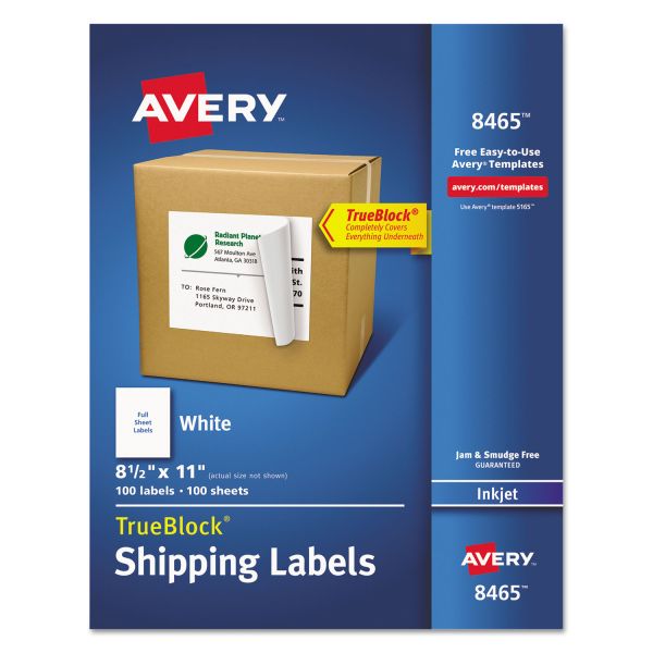 AVE8465 Avery Full-Sheet Labels with TrueBlock Technology, Inkjet, 8 1/2 x 11, White, 100/Box