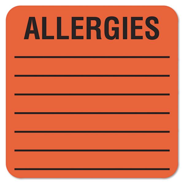 TAB40560 Tabbies Medical Labels for Allergies, 2 x 2, Orange, 500/Roll