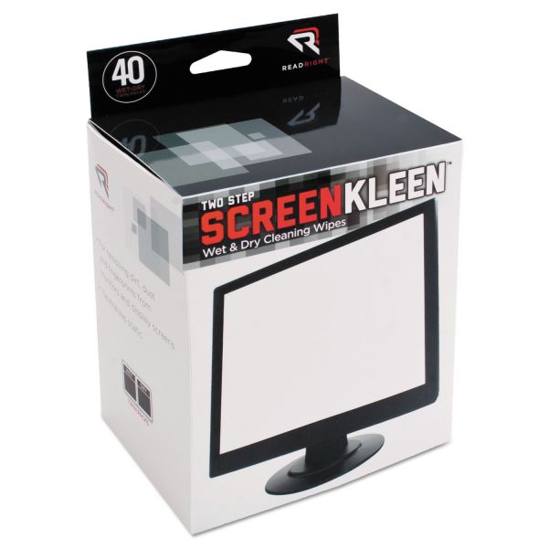 REARR1305 Read Right Two Step ScreenKleen Wet and Dry Cleaning Wipes, 5 x 5, 40/Box