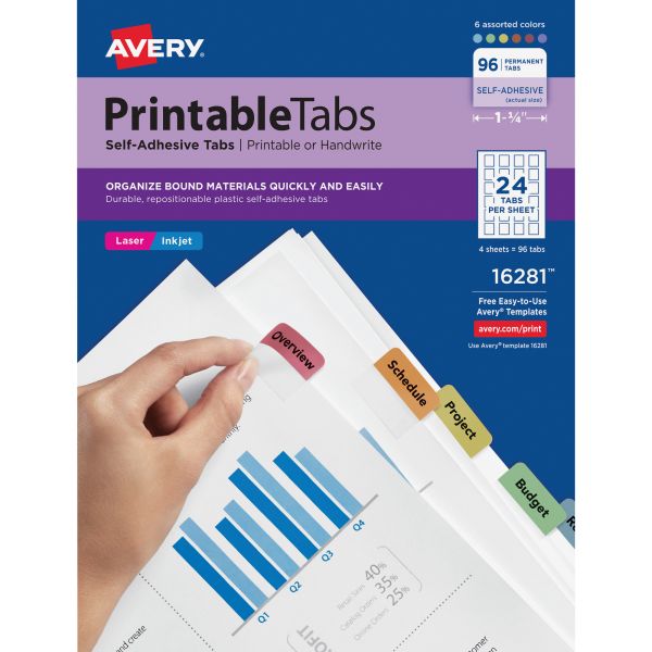 AVE16281 Avery Printable Plastic Tabs with Repositionable Adhesive, 1 1/4, Assorted, 96/Pack