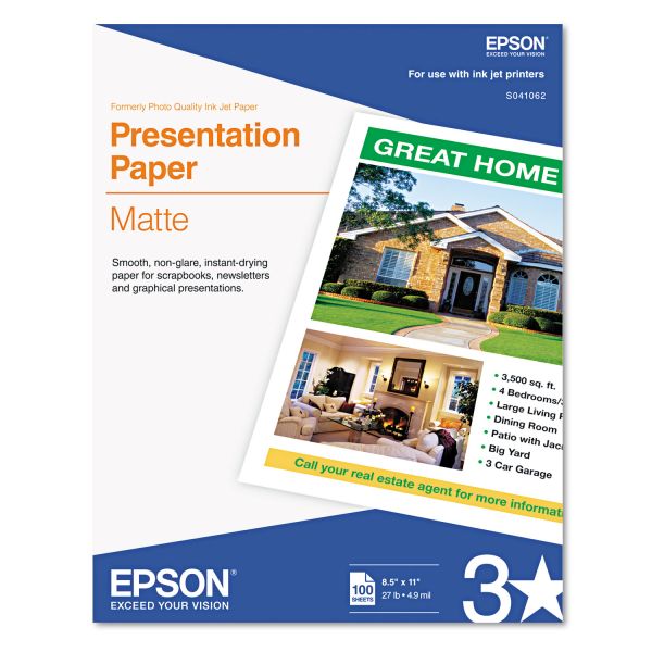 EPSS041062 Epson Matte Presentation Paper, 27 lbs., Matte, 8-1/2 x 11, 100 Sheets/Pack